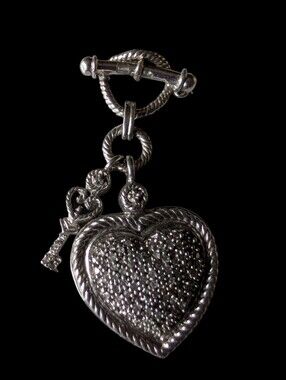 Vintage Real Diamond Pave Heart & Key Toggle Charm Pendant Sterling Silver .925